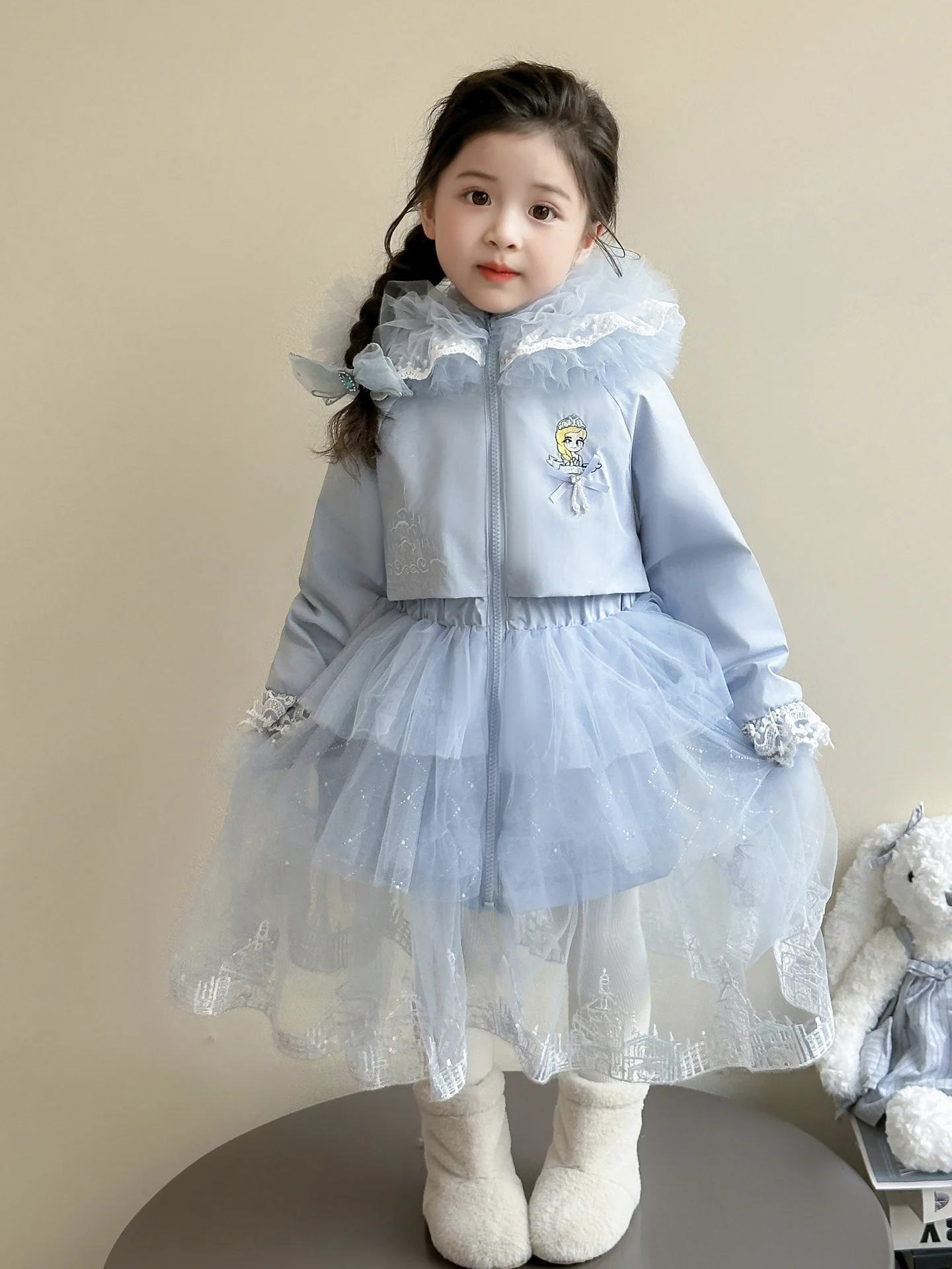 

Длинная куртка с капюшоном принцессы Эльзы для девочек, кружевное осенне-зимнее новое милое детское зимнее утепленное хлопковое пальто