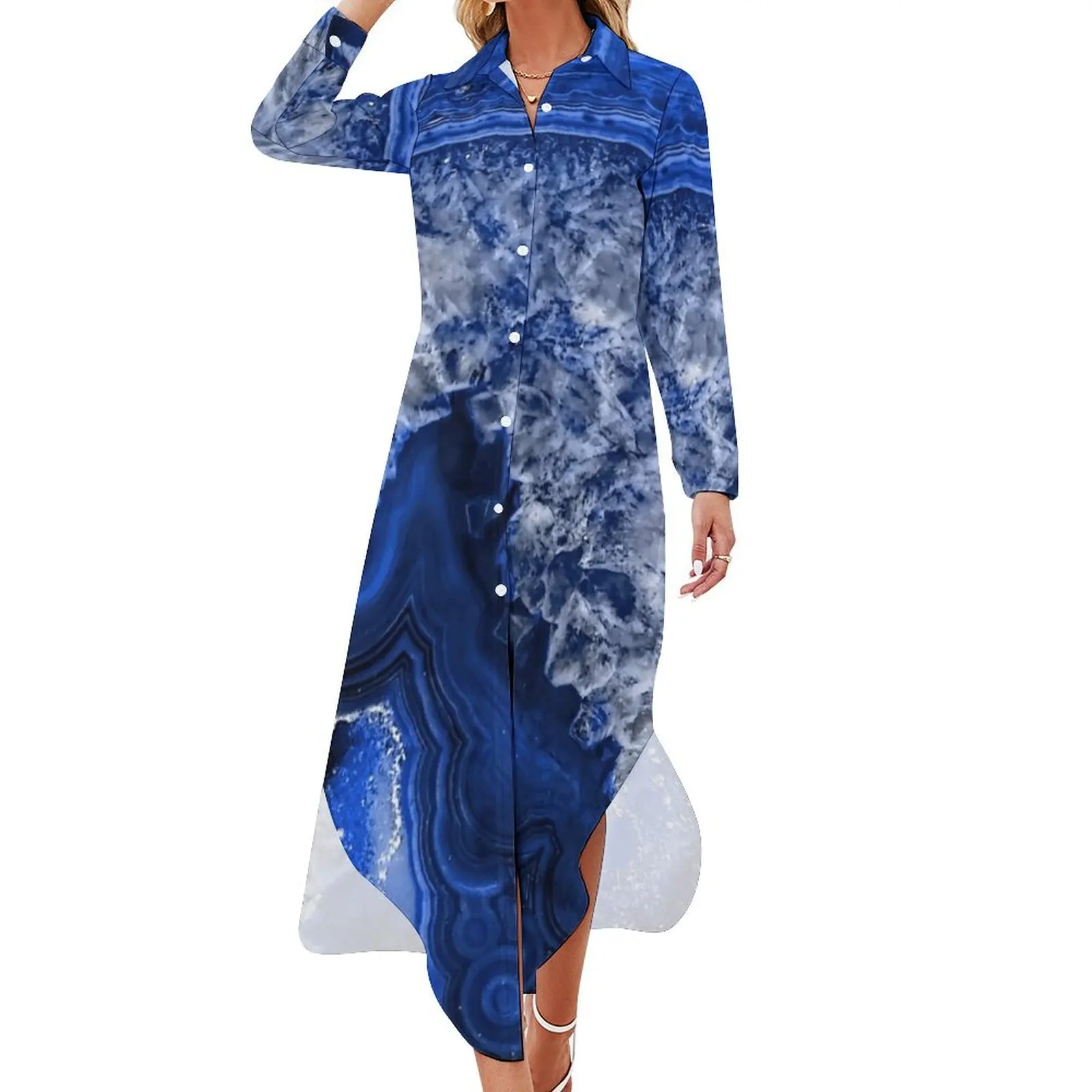 

Ocean Blue Faux Agate Mineral Gemstone Long Sleeved Shirt Dress dresses for special events dress women elegant luxury