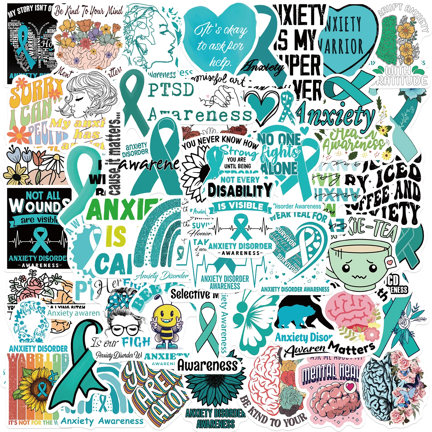 50Pcs Cartoon Anxiety Awareness Stickers For Laptop Motorcycle Luggage Snowboard Fridge Phone Car Sticker Waterproof Decal