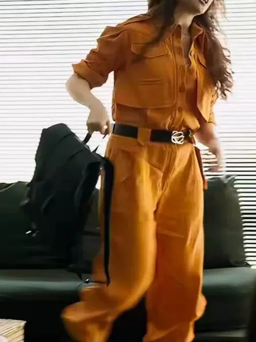 

Loose Yellow Workwear Jumpsuit for Women Casual Multi-ket Early Autumn High Waist Long Pants Comfortable Slimming Suit