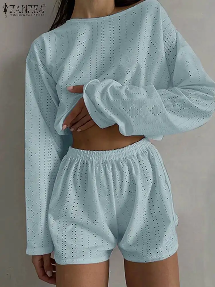 

ZANZEA повседневные короткие костюмы с эластичной резинкой на талии, осенние спортивные комплекты, модные однотонные короткие комплекты из 2 предметов, праздничные короткие топы с длинными рукавами, наряды