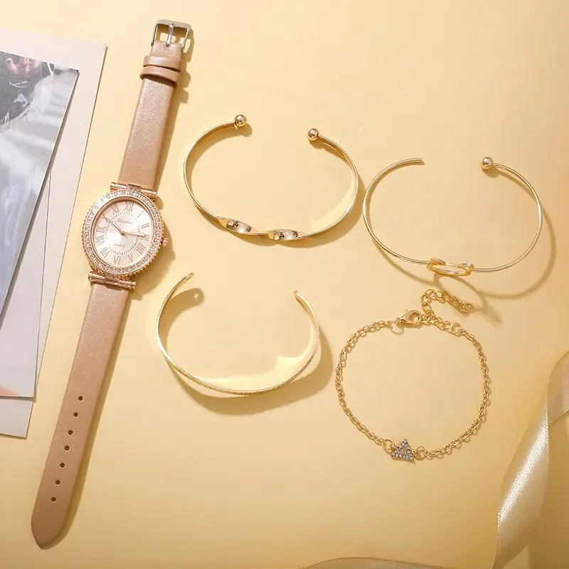 Женские Модные кварцевые часы, роскошный кожаный ремешок, аналоговые наручные часы, женские часы, женское платье, Набор браслетов, часы Reloj Mujer