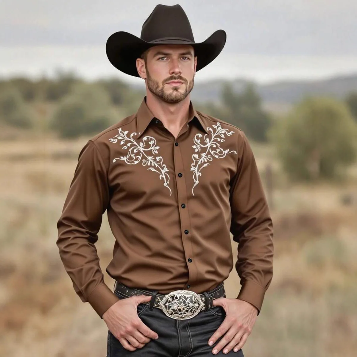 Men's Top Fashion Embroidered Shirt American Western Style Shirt Western Denim Print Long Shirt