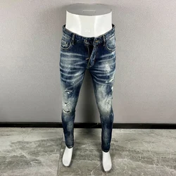 Jeans retrô elástico azul emagrecedor rasgado, moda High Street, calças desenhadas de emenda, marca Hip Hop, Hom