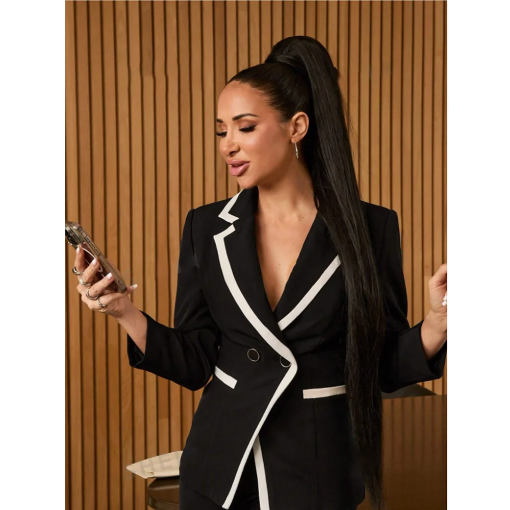 Chic Women Suits Formal Notch Lapel Double Breasted Outfits Slim Fashion Daily Casual Work Office Lady Pants Sets 2 Piece