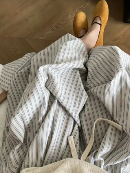 

Elegant Vertical Striped A-Line Midi Skirt Women's New 2026 Summer Casual Breathable Skin-Friendly Berkeley Style for Pear ...