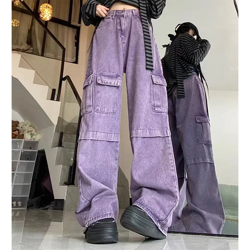 Purple Cargo Jeans Women High Waist Harajuku Y2K Loose Lazy Jazz Wide Leg Pants Big Pockets Fashion Hip Hop Denim Trousers