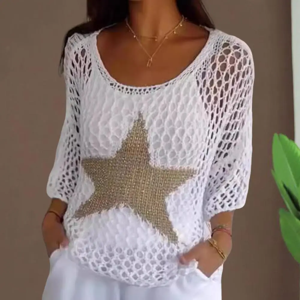 Cutout Crochet Top Stylish Women's Crochet Fishnet Top With Star Print Long Sleeve Pullover Sweater For Beachwear Autumn Cover