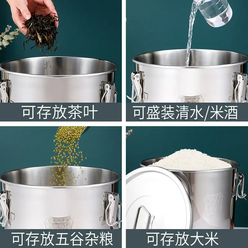 304 stainless steel sealed bucket household rice bucket insect and moisture proof 50 pound rice bucket thickened pet food storag