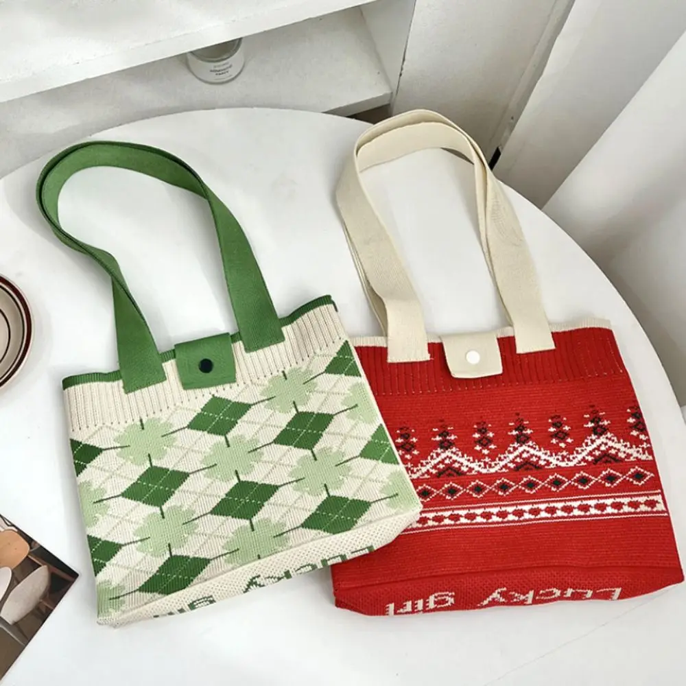 

Reusable Woven Hand-woven Bag High-capacity Knit Wool Knitting Shoulder Bags Knot Wrist Bag Student