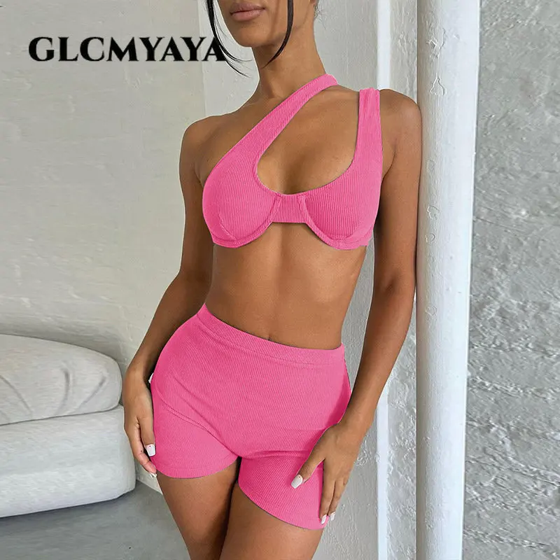 GLCMYAYA Casual Beach Style Women Skew Collar Hollow Out Backless Crop Tops Short Sets 2023 Sexy Sleeveless Solid 2 Piece Set