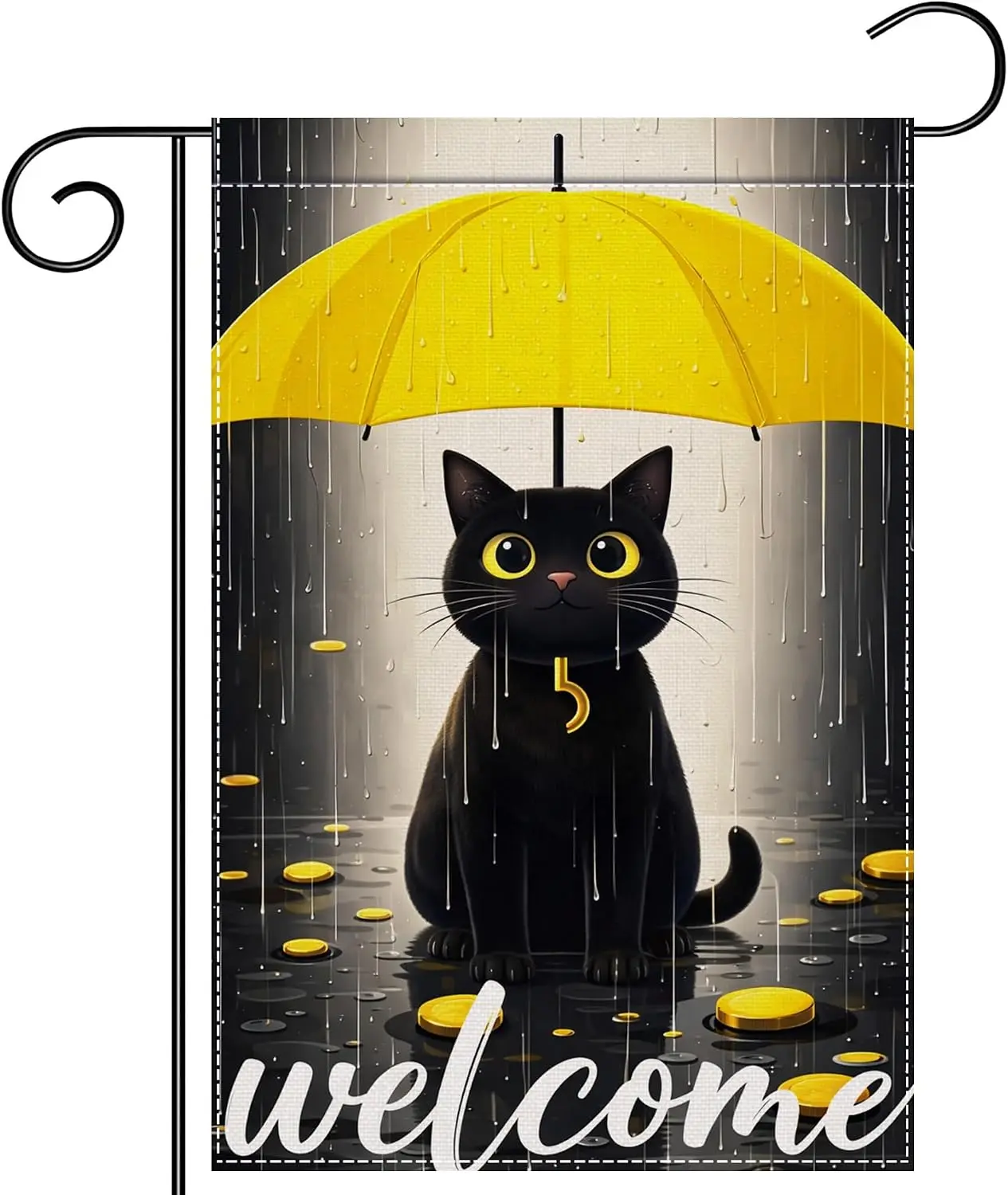 Black Cat Welcome Garden Flag Double Sided Porch Decor 12x18 Inch | Yellow Umbrella Design, Rainy Day Outdoor Yard Accent, W kkz