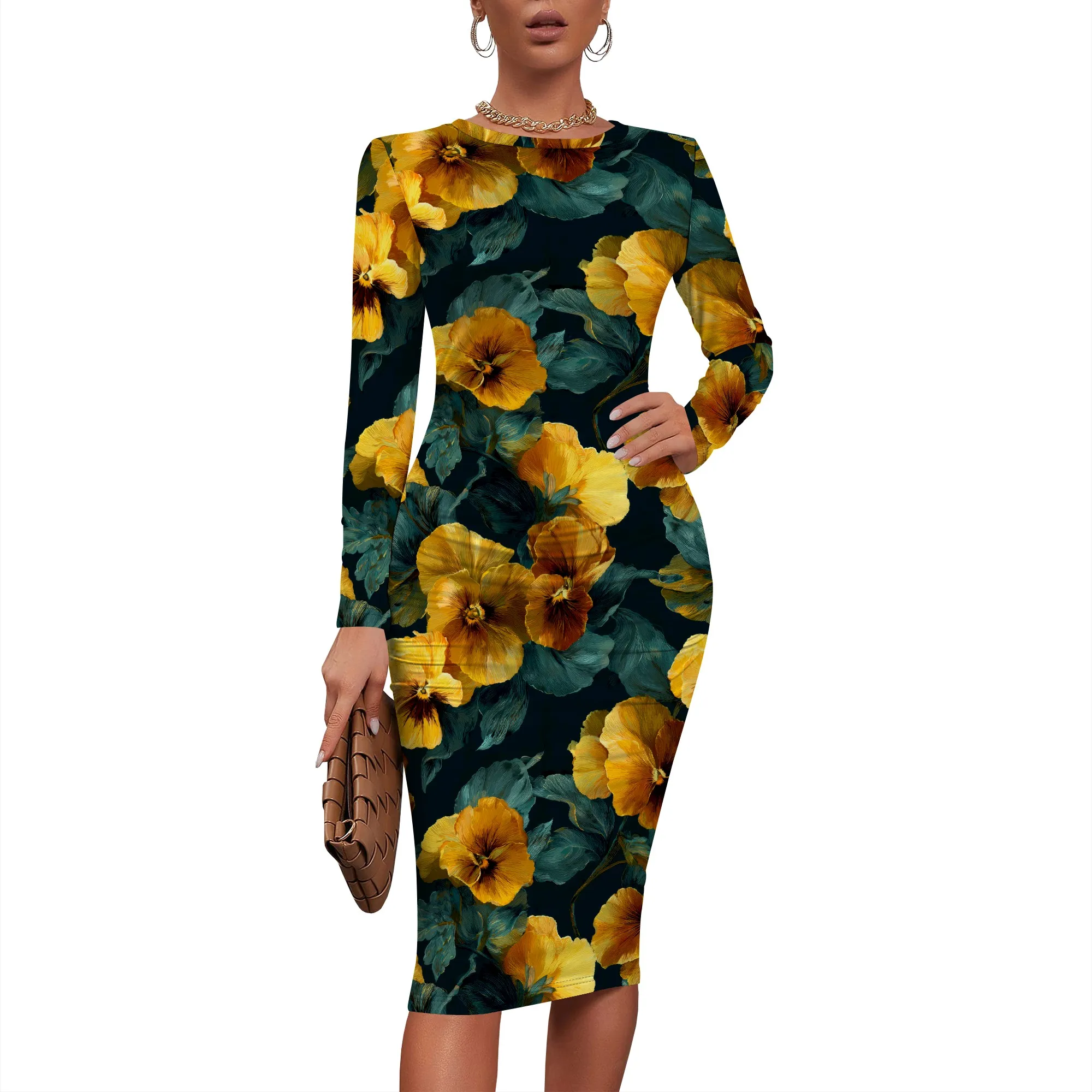Sukienka Nupusa w czarno-żółty wzór kwiatowy dla kobiet, rozmiar regularny, codzienna, z okrągłym dekoltem, długi rękaw, dopasowana sukienka midi.