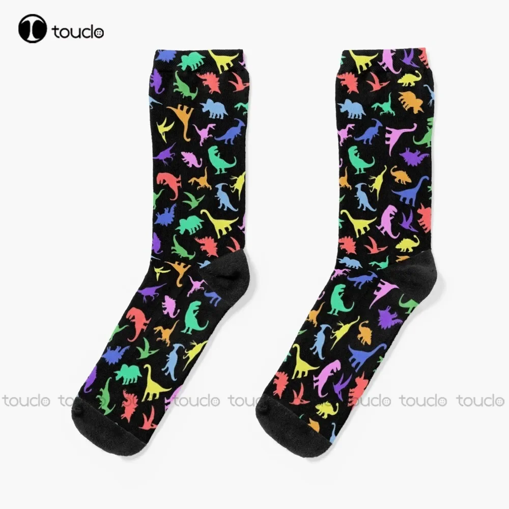 Fun Dinosaur Pattern (Black Background) Socks Sock Cartoon Comfortable Best Girls Sports 360° Digital Print Custom Gift Harajuku