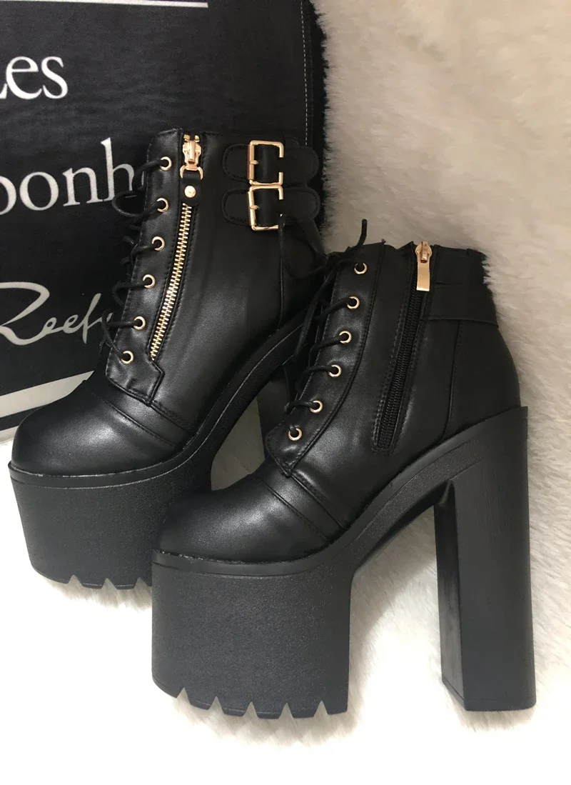 European and American Nightclub Sexy Ankle Boots 2024 Fall New 16 Cm Super High Heel Womens Boots Crude Heel Lace-Up Short Boots