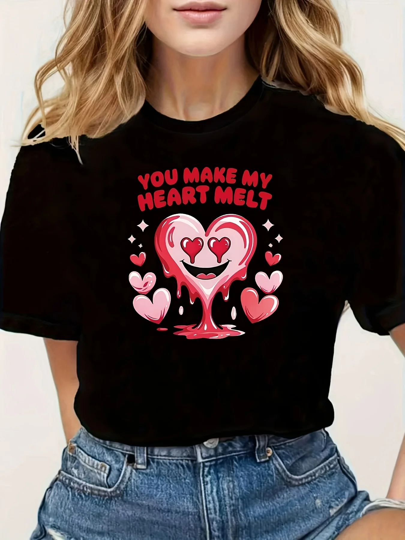 Women Valentine T Shirt You Make My Heart Melt Romantic Heart Graphic Tee Black Round Neck Short Sleeve Creative Casual Top