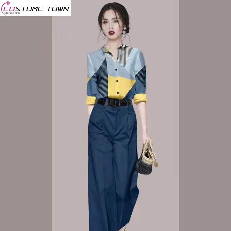 

Fashion Goddess Style Set Women's 2023 Autumn New Fashionable Versatile Print Shirt Wide Leg Pants Two Piece Set