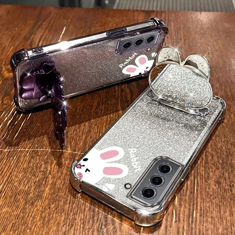 S 22 Airbag Glitter Mirror Rabbit Phone Holder Case On For Samsung Galaxy S22 S21 S20 Ultra Plus FE Anti-knock Stand Back Cover