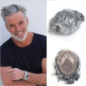 Grey Hair Wigs Lace Men Toupee With Mono Skin PU 8*10 Men Hair System Remy Virgin Hair 100% Real Human Hair Male Hair Prosthesis