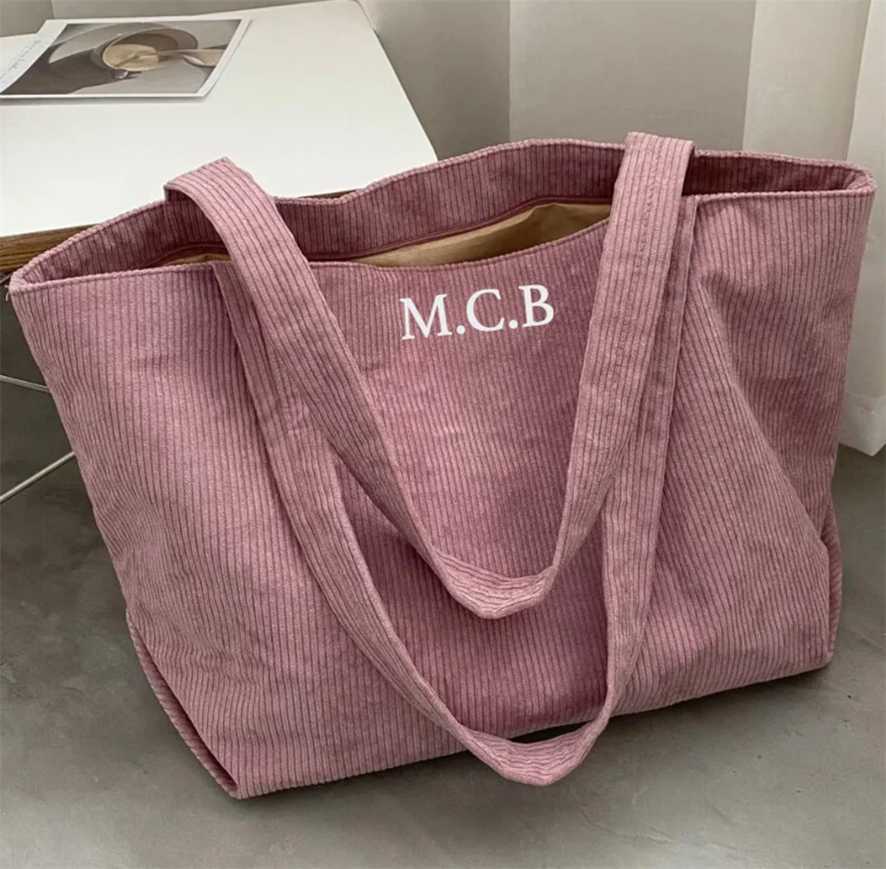 

Personalised Corduroy Ribbed Tote Shoulder Pool Beach Airport Travel Bag Overnight Large Bag girlfriend mum sister aunt nan best