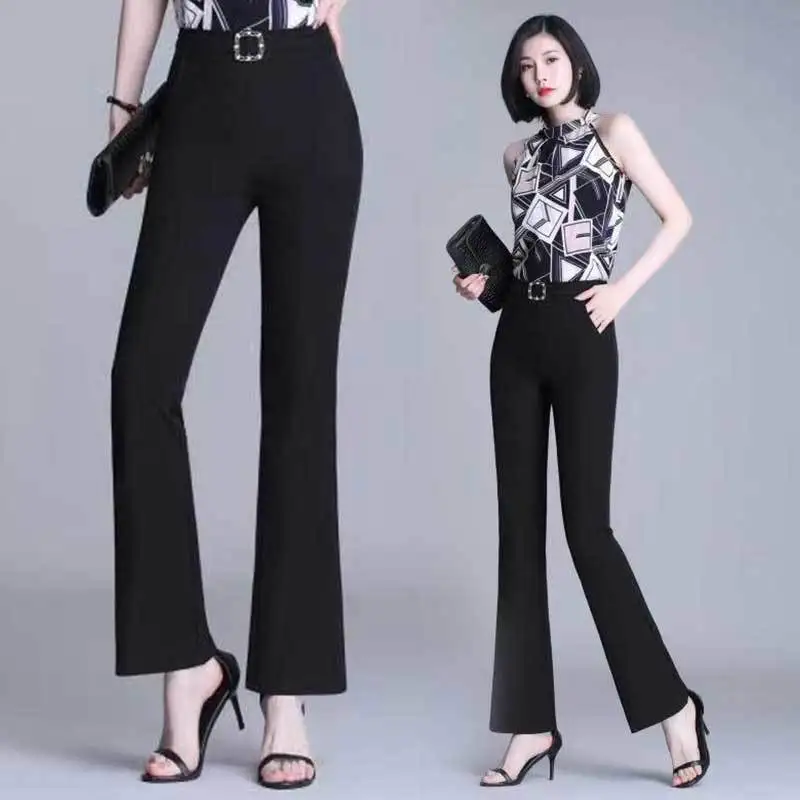 Spring Summer Thin Solid Loose Flare Pants Pockets Spliced Elastic Waist Women's Clothing Formal Casual Bright Line Decoration