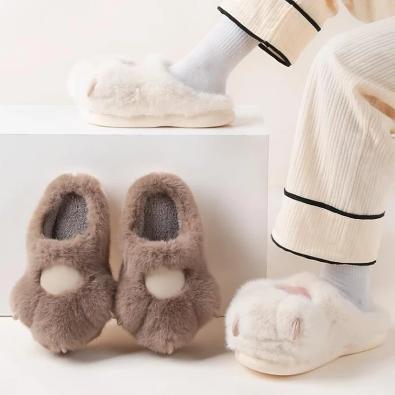 Fuzzy Plush Slippers Funny Cute Cats Paw Slipper Warm Pad Cartoon Furry Slippers Bear Paw Anti-slip Indoor Floor Shoe