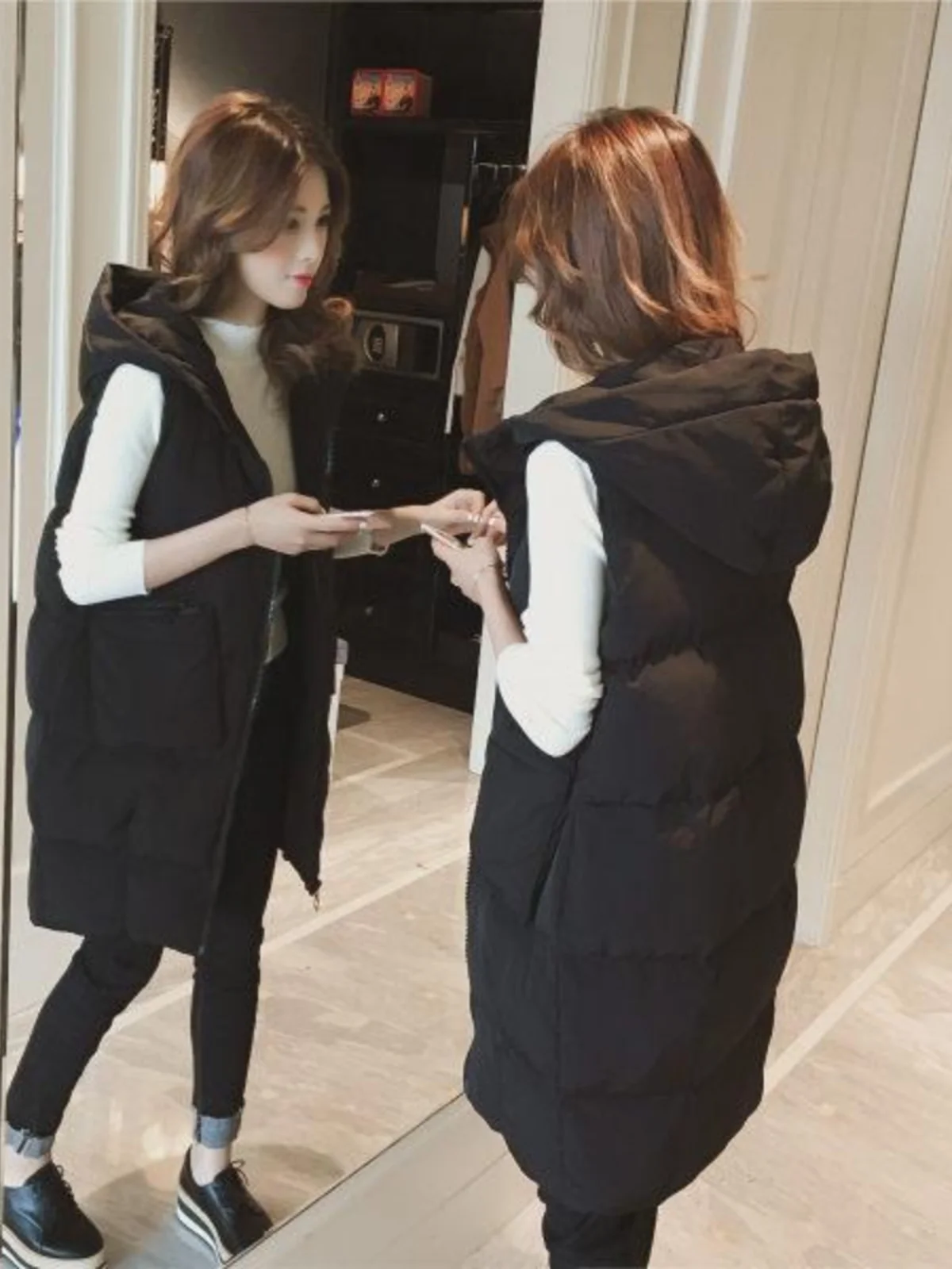 

Женский жилет средней длины с капюшоном Thiened большого размера, осень-зима 2023, новый жилет без рукавов, верхняя одежда, полиэфирное волокно, застежка-молния