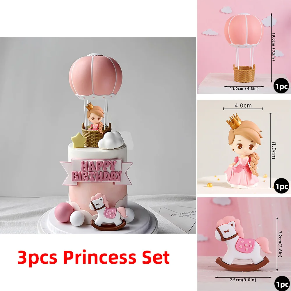 Princess Cake Topper Girl Princess Stands in a Hot Air Balloon Wooden Horse Cake Decorations for Kids Happy Birthday Party Decor