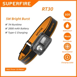 SUPERFIRE-Mini linterna frontal LED RT30, linterna de cabeza de inducción COB, recargable tipo C, para acampar, con luz roja/blanca