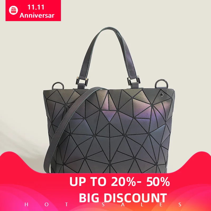 Fashion Women Geometric Handbag Laser Hologram Folded Shoulder Tote Bucket Luminous Bag Geometry Luxury Leather Brand Designer