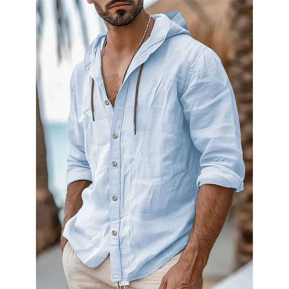 

Spring Autumn Men's Hooded Shirt Single Breasted Solid Color Beach Style Long Sleeve Tops Breathable Cotton Linen Shirts