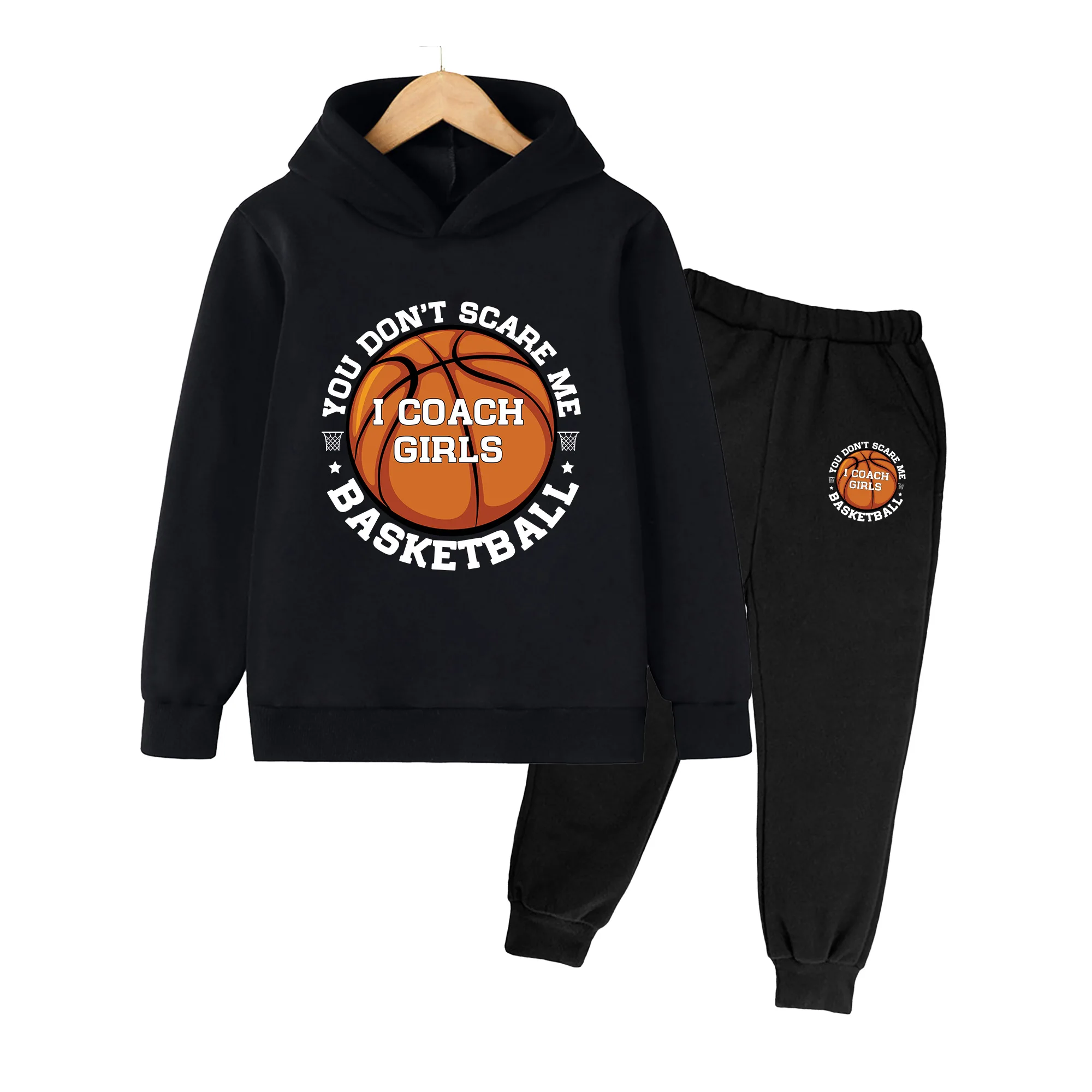 Kids Basketball Print Hoodie & Sweatpants Set, Long Sleeve Sports Outfit for Boys Girls Training Casual Wear