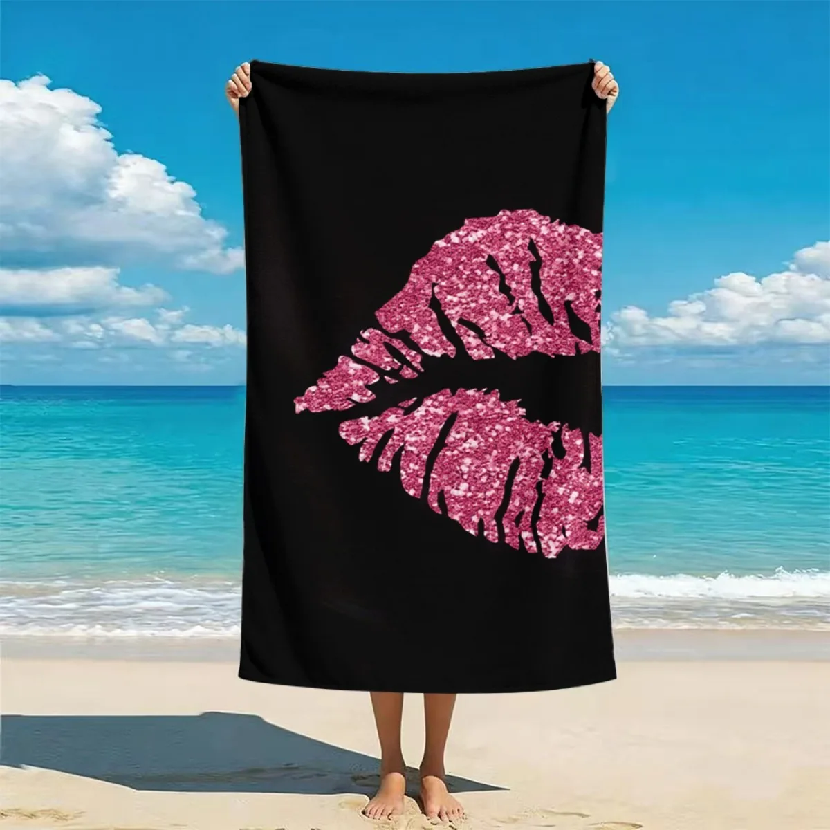 1pc with Glittery Pink Lips Beach Towel Outdoor Towel Unisex Soft Comfortable Lightweight Absorbent Quick Dry Portable