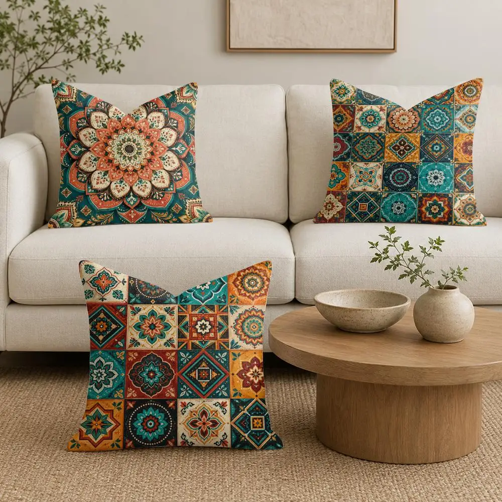 Teal Terracotta Mandalas Cushion Cover Organic Linen Throw Pillow Cover - Double-Sided Print Breathable Cushion Case Home Decor