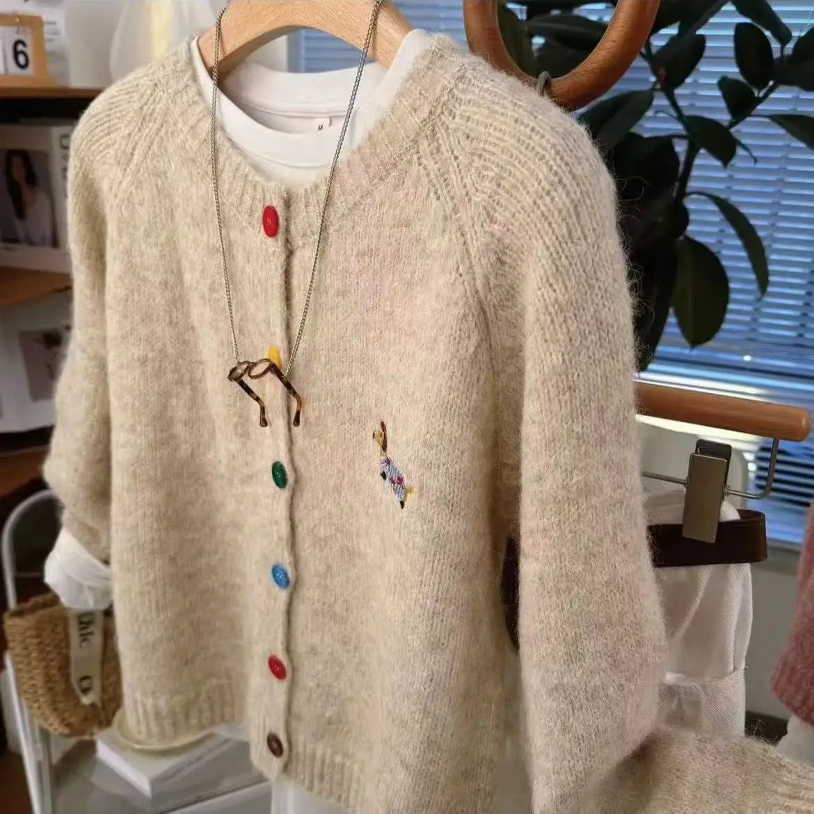 Cardigan Women Sweater 2025 New Fashion Round Button Embroidered Little Dog Animal Print Sweet Top women's Sweater Clothing