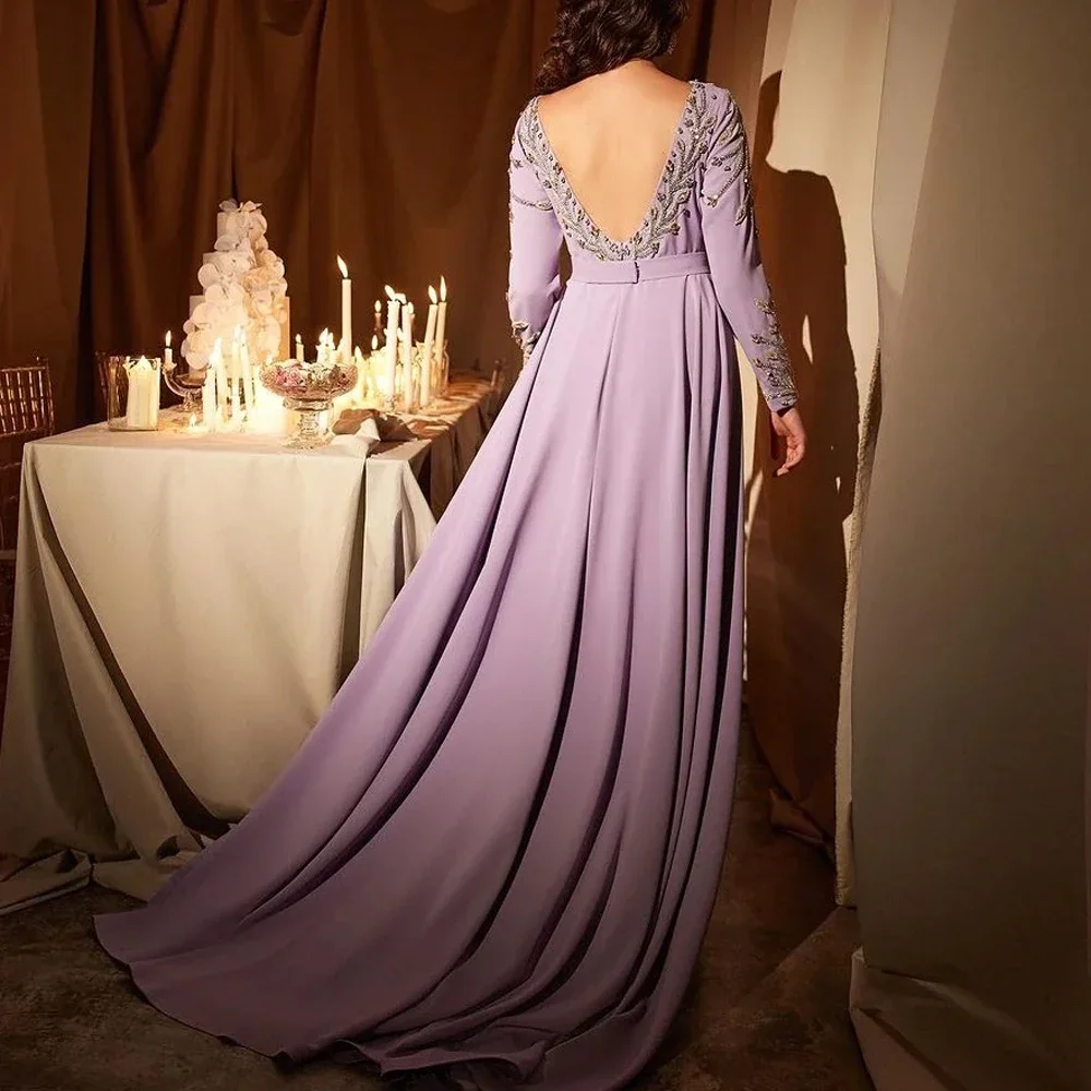 Abito da sera squisito lilla personalizzato scollo a barca maniche lunghe perline di cristallo sirena abiti da ballo di lusso abito da festa lungo fino al pavimento