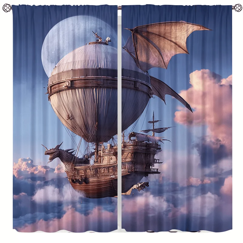 2pcs Flying Dragon Boat Moon Cloud Curtains- High-Definition Digital Printing, Light-Filtering Polyester Curtains, Rod Pocket De