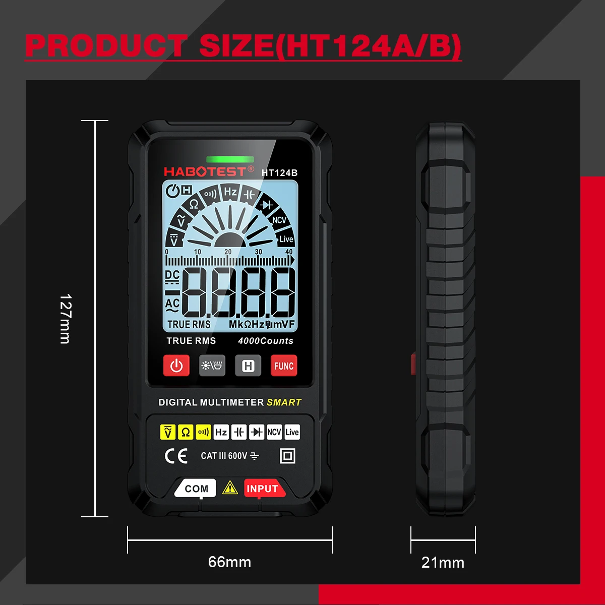 HABOTEST HT124 Series Digital Smart Multimeter 4000 Counts Auto Range Tester Ohm Hz Capacitance True RMS AC DC DMM Multitester