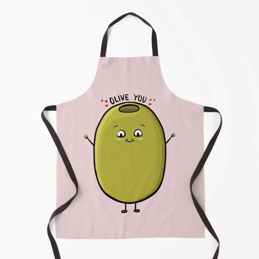 

Olive You, Fun Food Cute Olive Cartoon Pun Digital Illustration Apron For Kitchen Restaurant Kitchen Equipment Apron