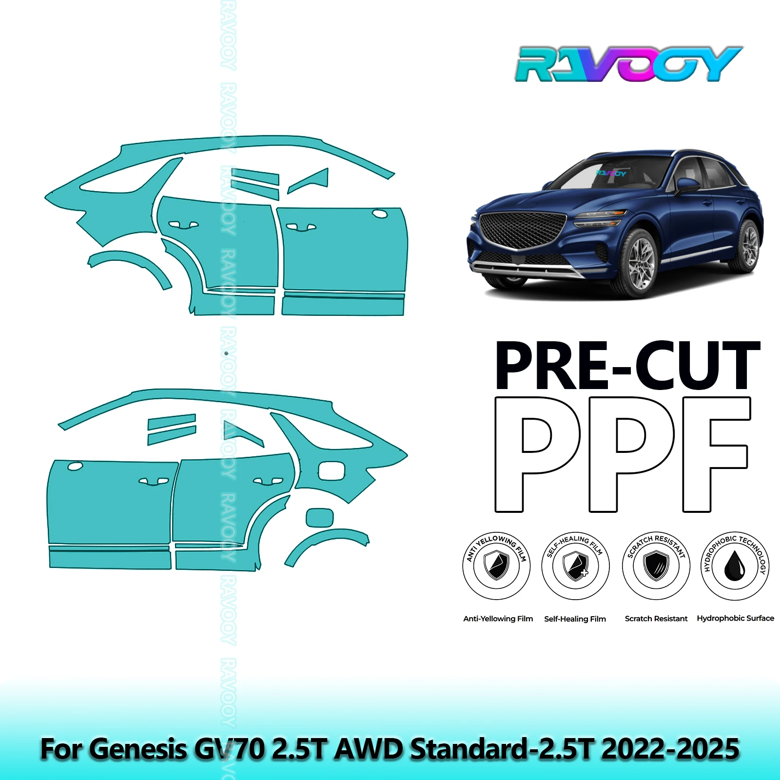 

For Genesis GV70 2.5T AWD Standard-2.5T 2022-2025 8.5mil Pre-Cut PPF Door & A/B Pillar Kit TPU Paint Protection Film Set