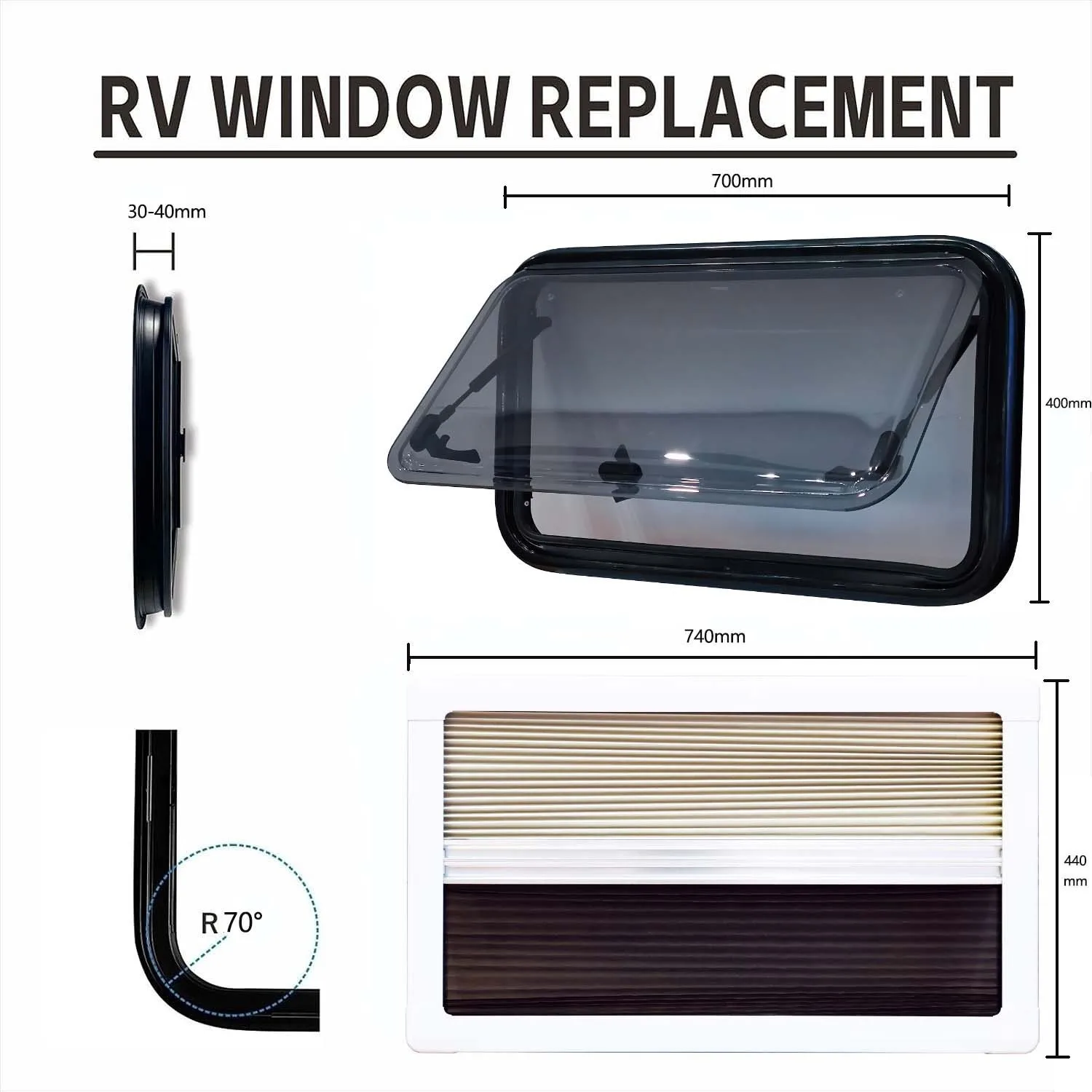 RV Out-Swing Window with Acrylic Pane and Pleated Inner Frame, Optional Sizes for Motorhome and Camper Accessories