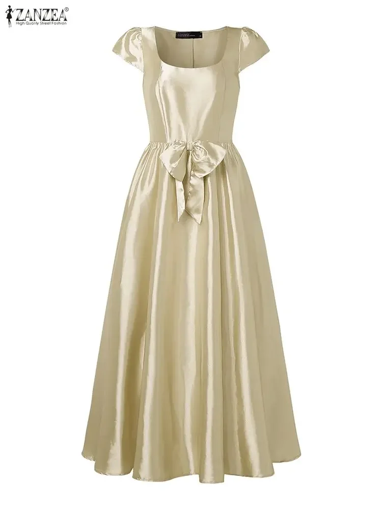 ชุดเดรสยาวผ้าซาตินสำหรับผู้หญิง ดีไซน์หรูหรา แบรนด์ ZANZEA ปี 2025 เหมาะสำหรับงานปาร์ตี้ คอเหลี่ยม ทรงเอวเข้ารูป กระโปรงทรงเอ  ชุดเดรสลำลองสำหรับฤดูร้อน