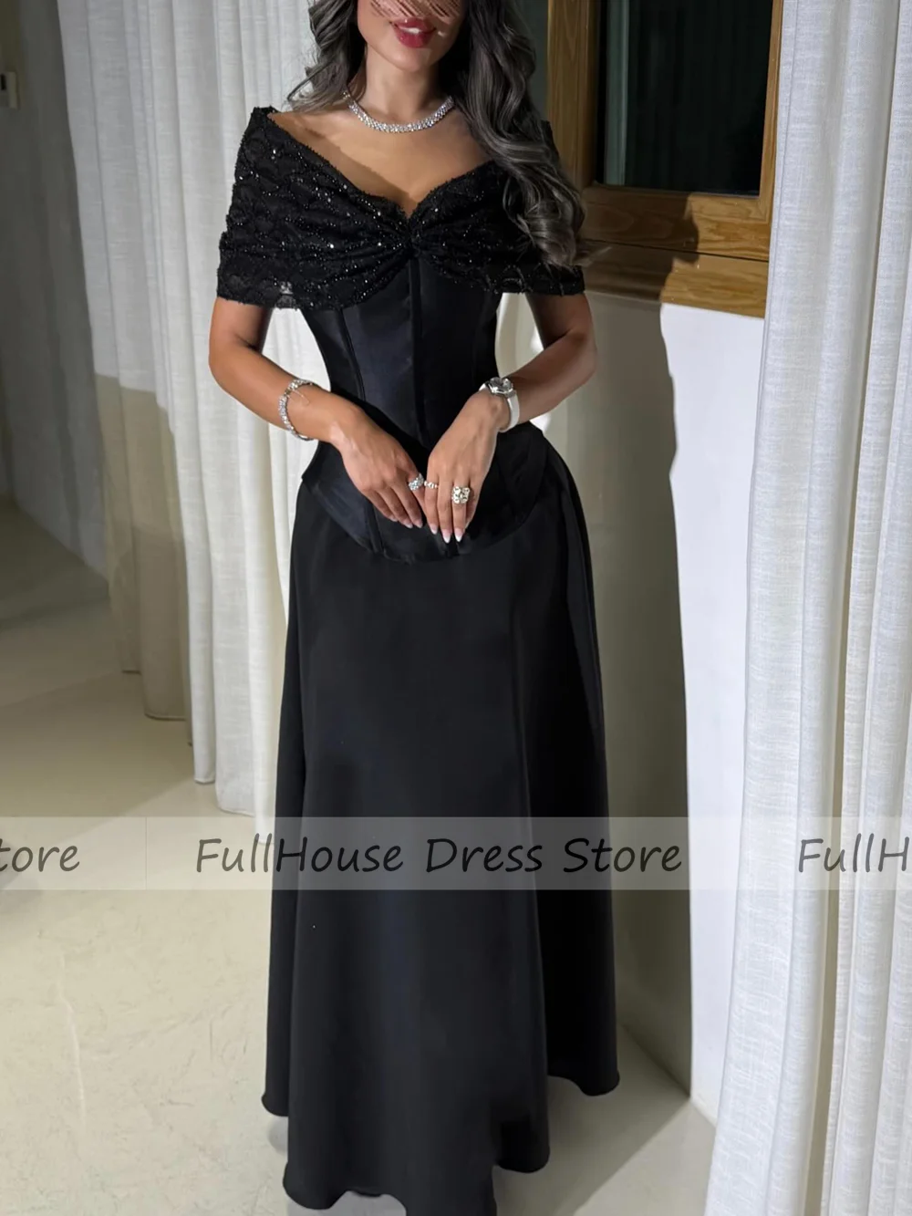 أدلى مخصص رائع أسود قبالة الكتف مطرز الترتر مثير غمد ثوب مسائي مطوي عارية الذراعين ماكسي طول فستان عربي سعودي