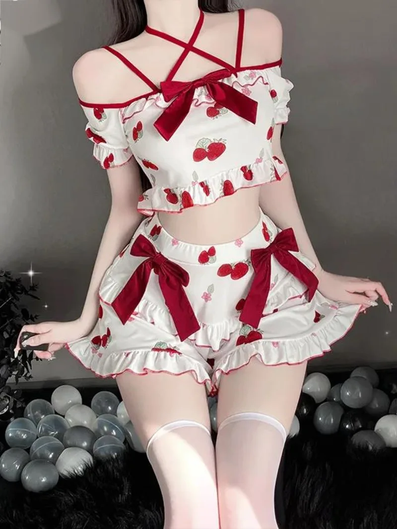 

Cute Girl Mini Dress Sexy Girl Strawberry Pajama Hanging Strap Temptation Uniform Split Two Piece Dress Elegant Tops 1XF0