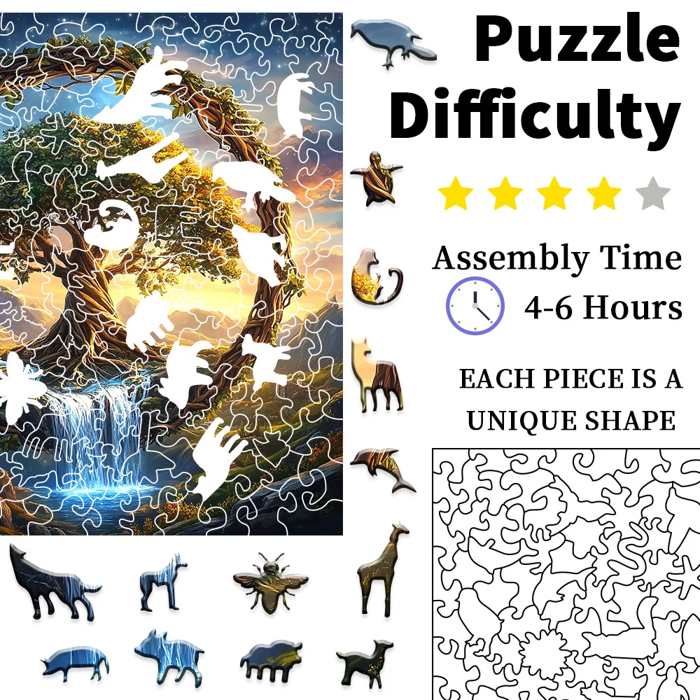 Puzzle in legno con fiume cascata dell'albero della vita per adulti |   Gioco per famiglie creativo irregolare dalla forma unica: artigianato in legno ecologico