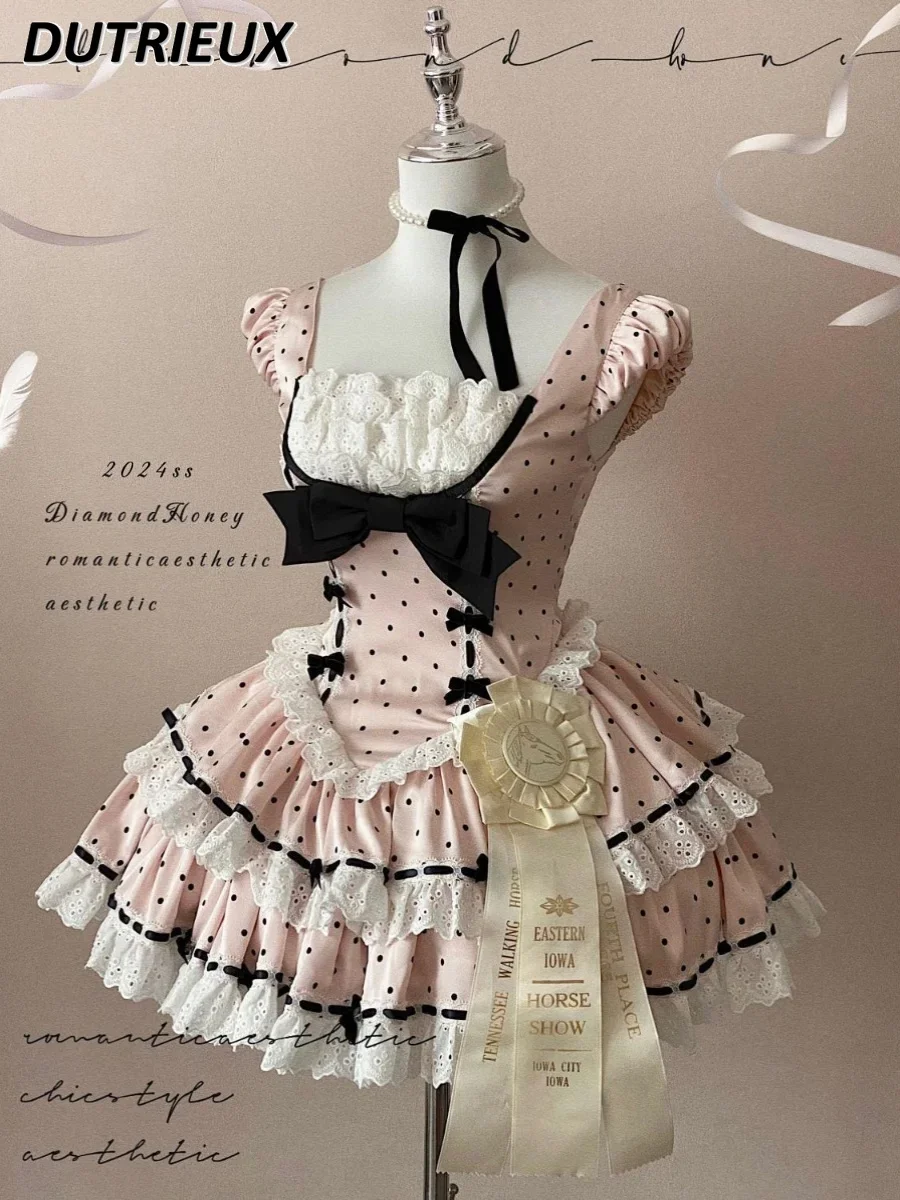 Women's Elegant Dresses Sweet Cute French Retro Girl Doll Sweetheart Pink Polka Dot Splicing Lace Bow Waist Short Dress for Lady