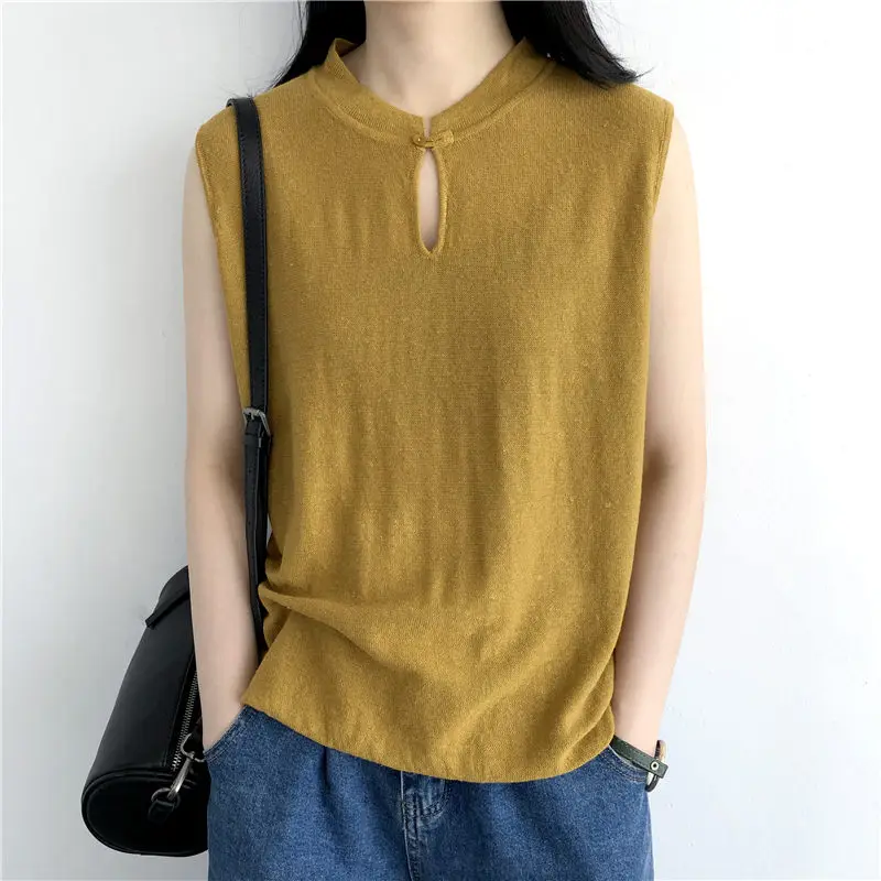 

Knitted Vest Women Linen Suspender Top Summer Thin Style Literary Retro Loose Sleeveless T-Shirt Bottoming Casual Knitwear H518