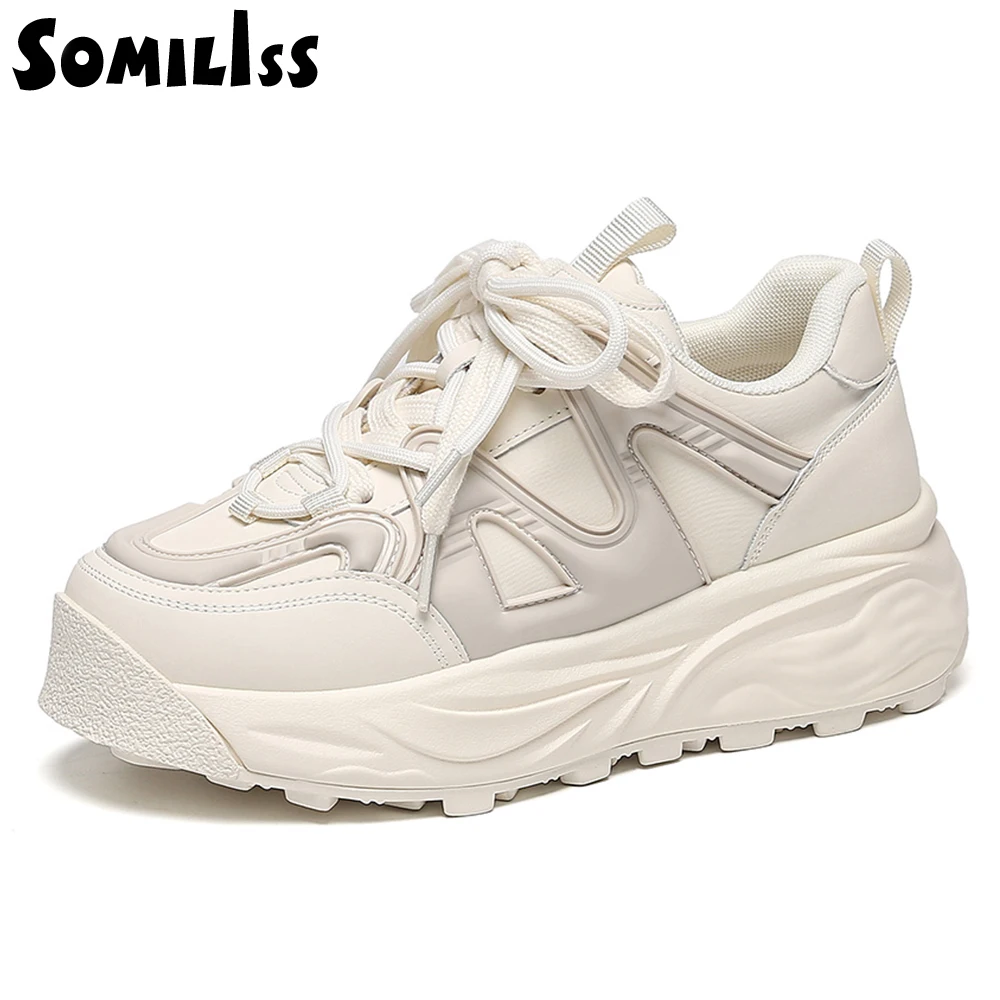 

SOMILISS Women Chunky Sneakers Genuine Leather Mesh Pachwork Round Toe Lace-Up Mixed Color Breathable Ladies Flat Causal Shoes