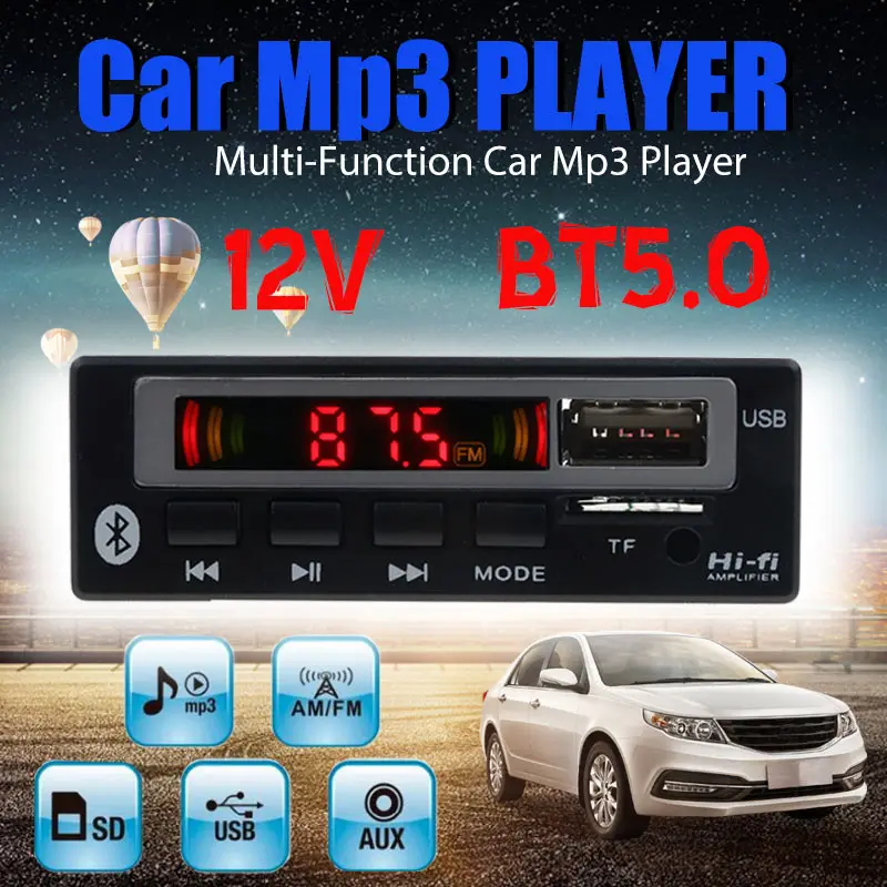 Bluetooth 5.0 Wireless MP3 Player Decoder Board 12V FM Radio USB TF AUX Audio Module for 12V Car Kit