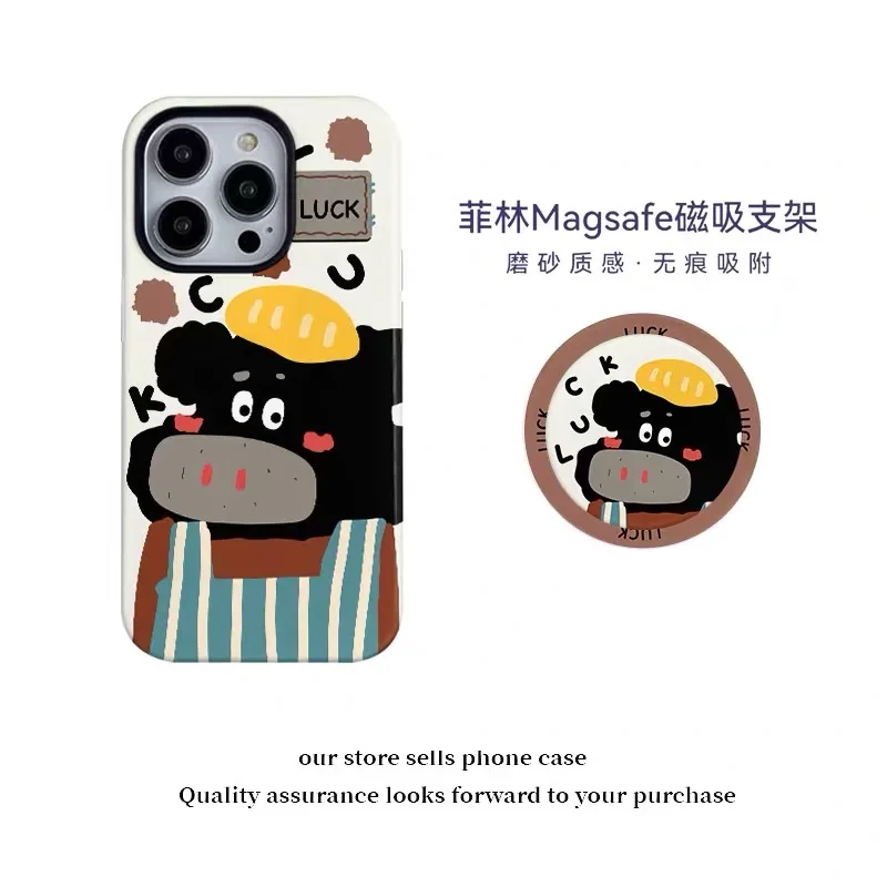 

INS Cartoon Black Lucky Bull Case for IPHONE 16ProMax 15 14 13 12 11 PRO Plus XR XS Acrylic TPU Two in One Magnetic Phone Cases
